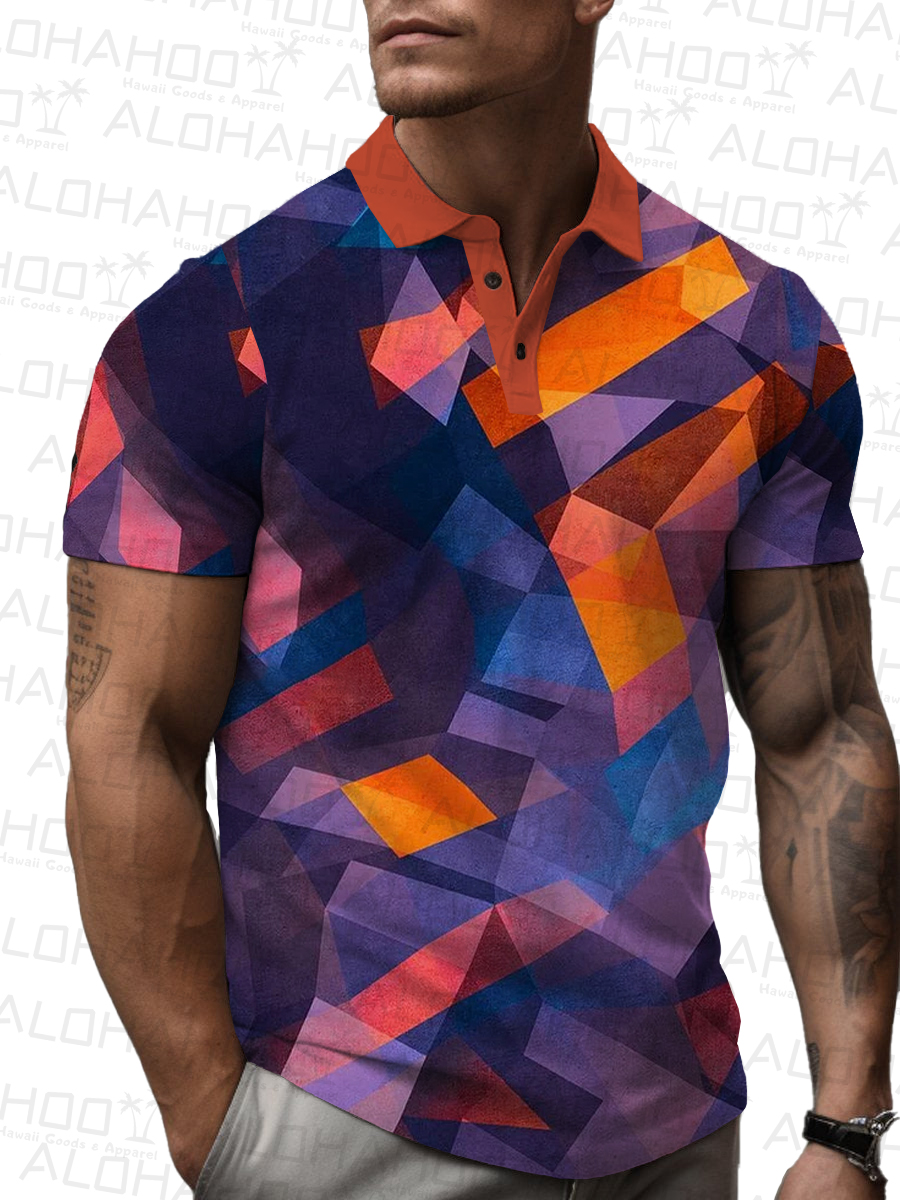 Men's Polo Shirt Geometric Colorblock Print Casual Short-Sleeved Shirt