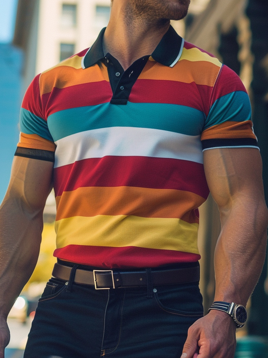 Men's Short-Sleeve Polo Stripes Waffle Polo Shirt