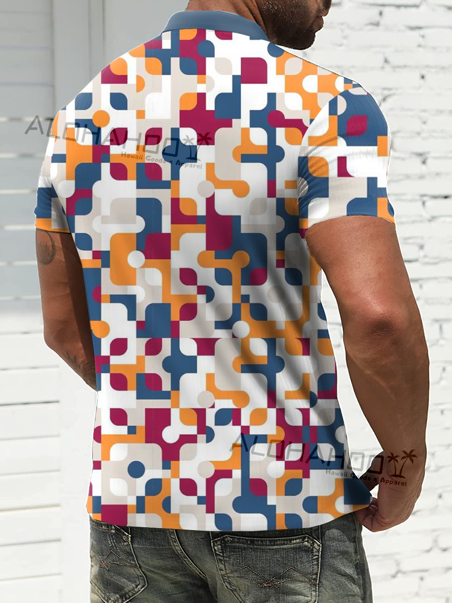 Men's Polo Shirt Colorblock Print Casual Short-Sleeved Golf Shirt