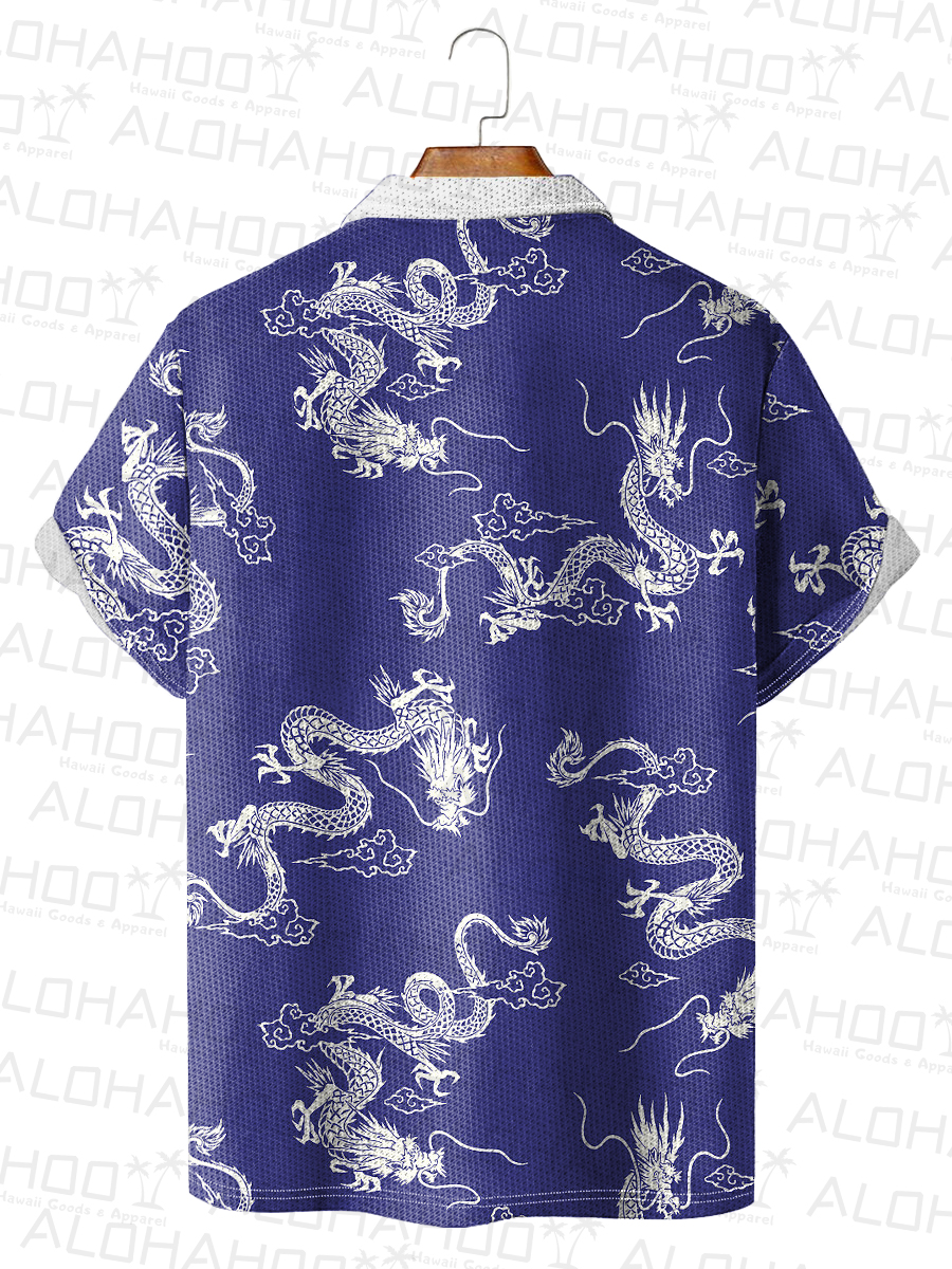 Men's Polo Shirt Vintage Dragon Print Casual Short-Sleeved Shirt