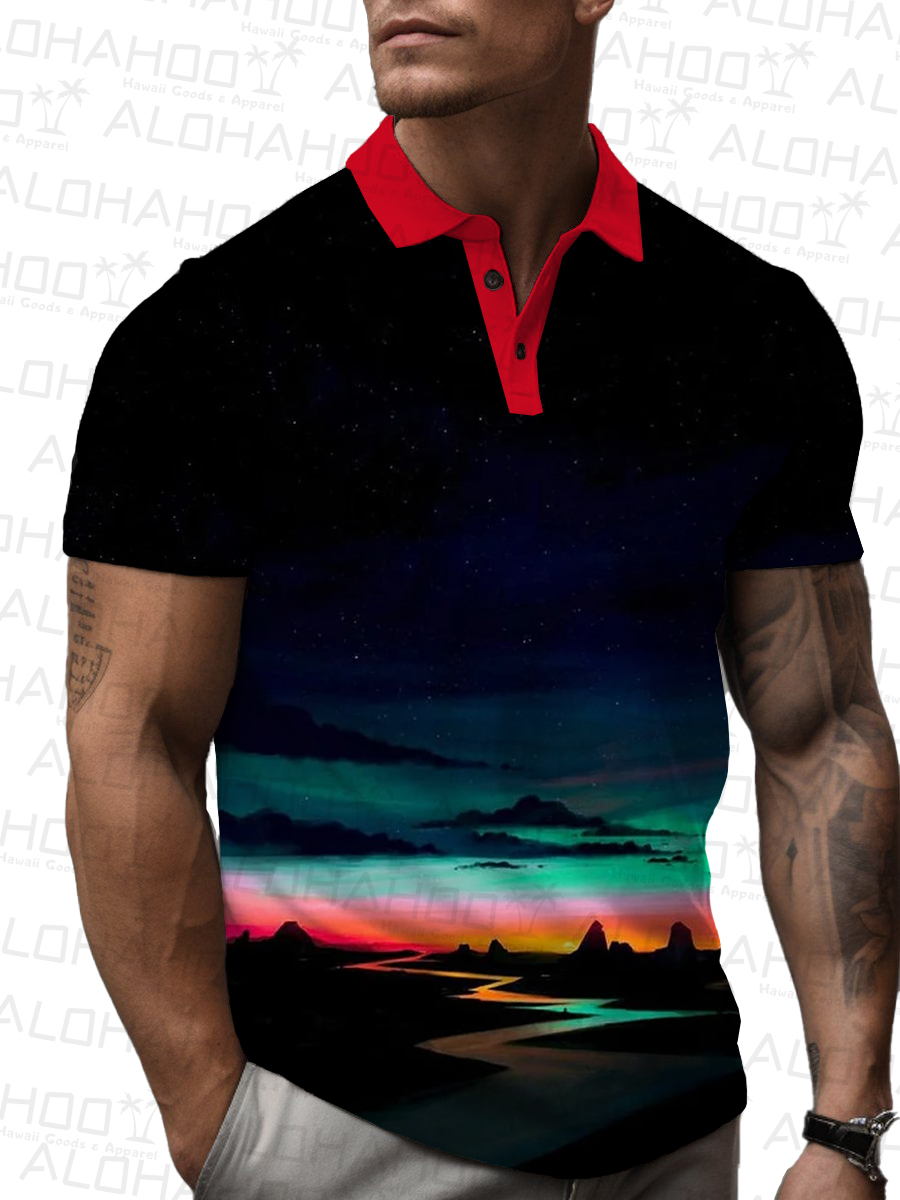 Men's Polo Shirt Saurora Print Casual Short-Sleeved Shirt