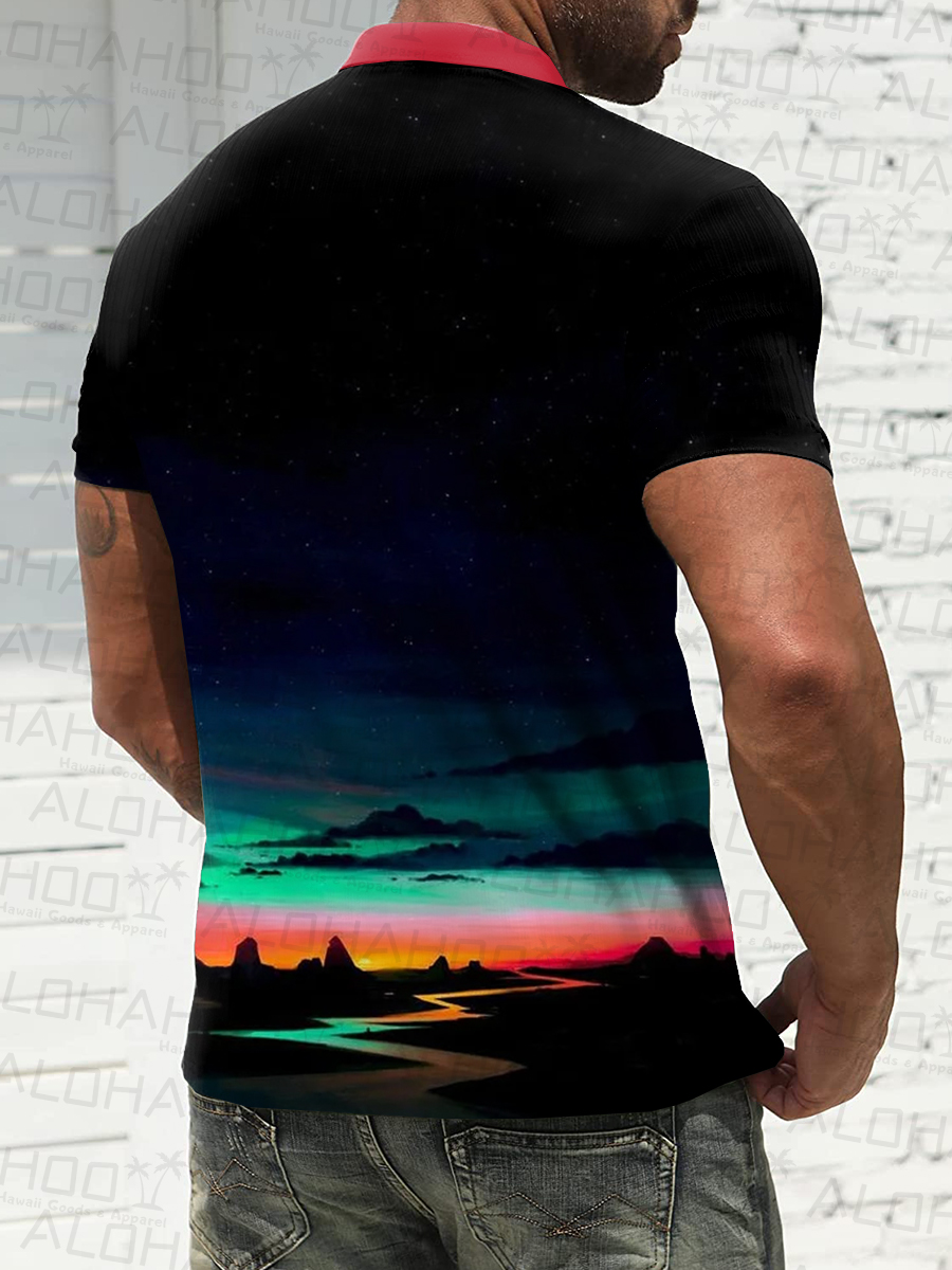 Men's Polo Shirt Saurora Print Casual Short-Sleeved Shirt