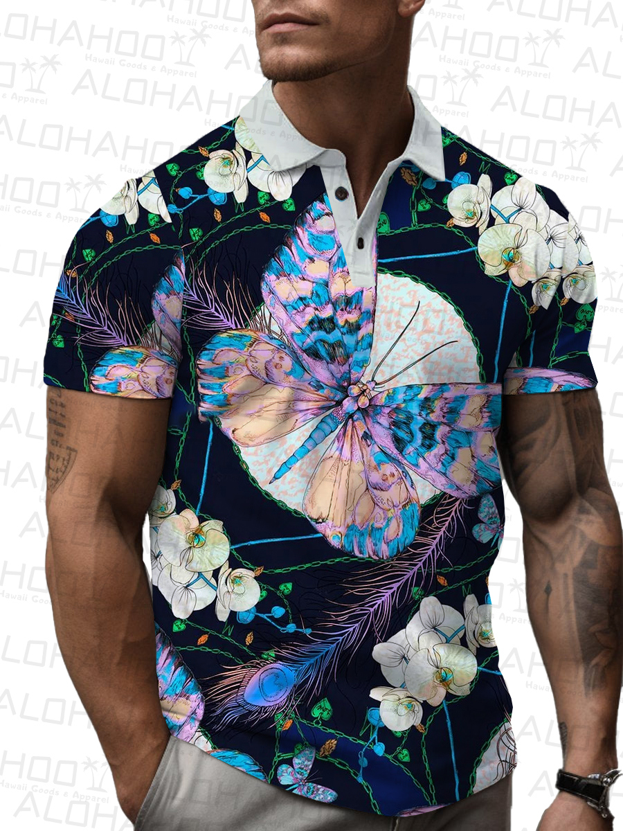 Men's Polo Shirt Butterfly Wings Print Casual Short-Sleeved Shirt