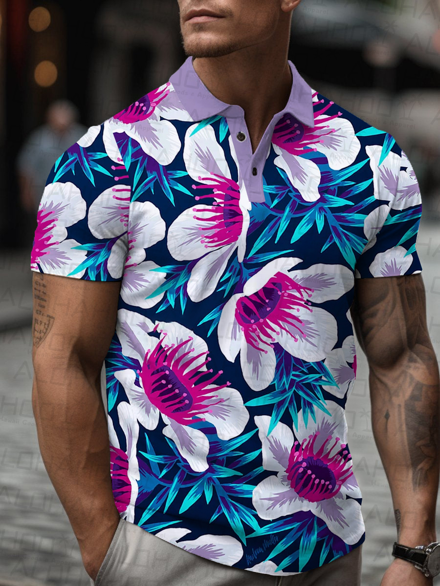 Men's Polo Shirt Tropical Floral Print Casual Short-Sleeved Shirt