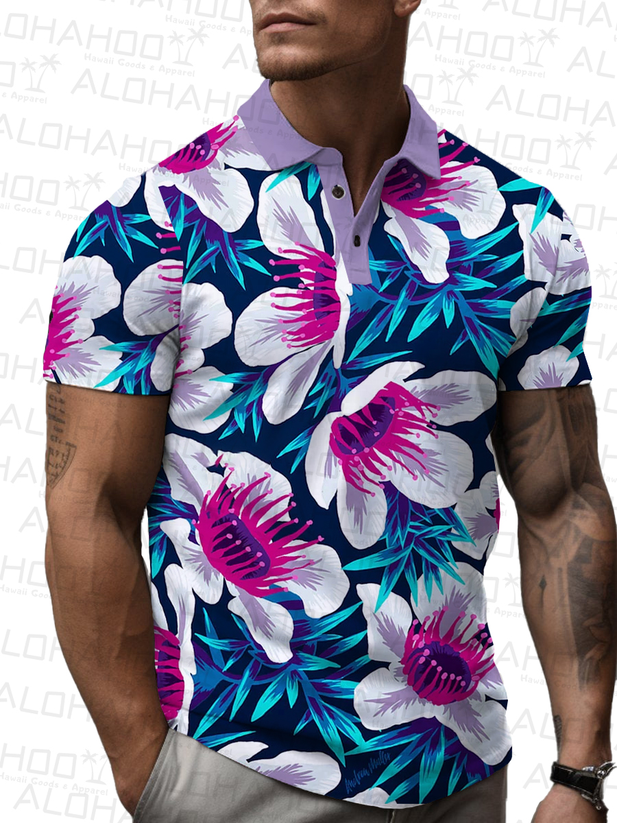 Men's Polo Shirt Tropical Floral Print Casual Short-Sleeved Shirt
