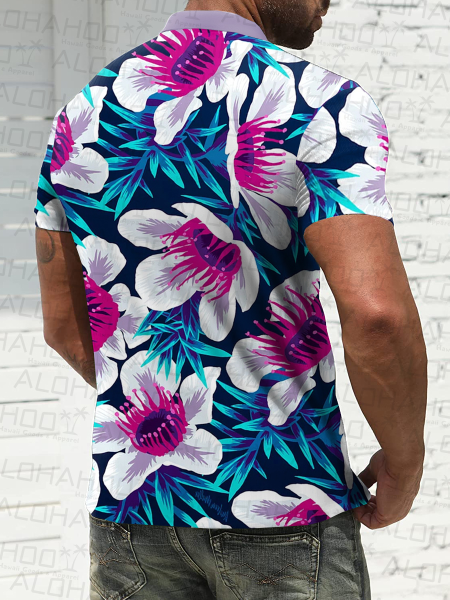 Men's Polo Shirt Tropical Floral Print Casual Short-Sleeved Shirt