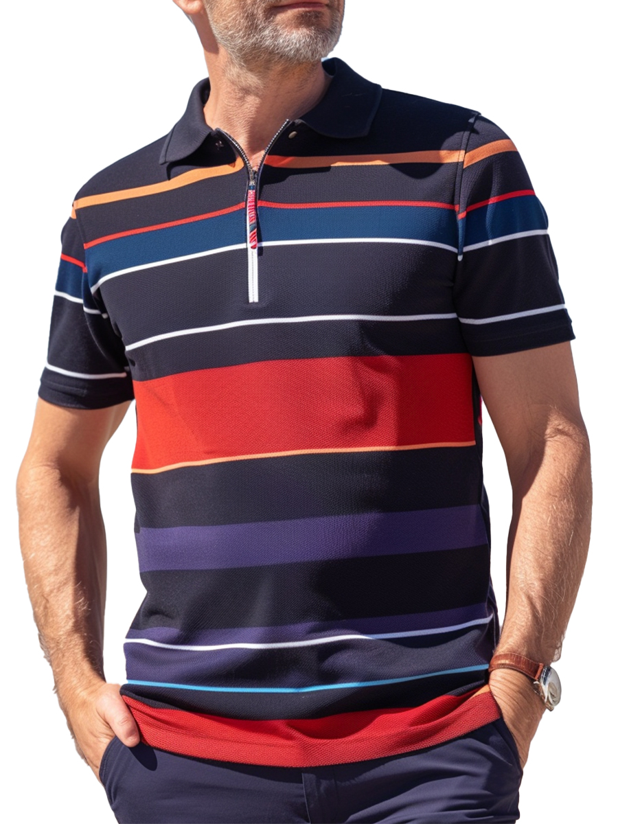 Men's Polo Shirt Navy-Red Stripes Zip Up Polo Shirt