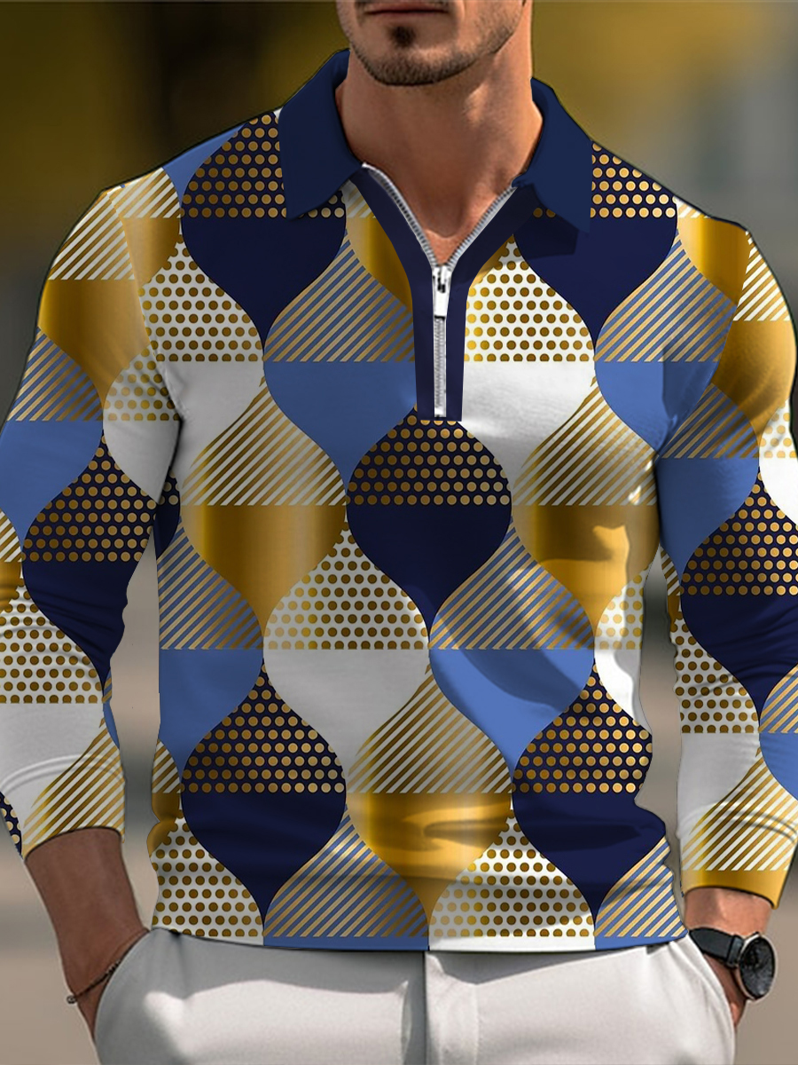 Men's Polo Shirt Art Cone Geometry Printed Long Sleeve Golf Shirt