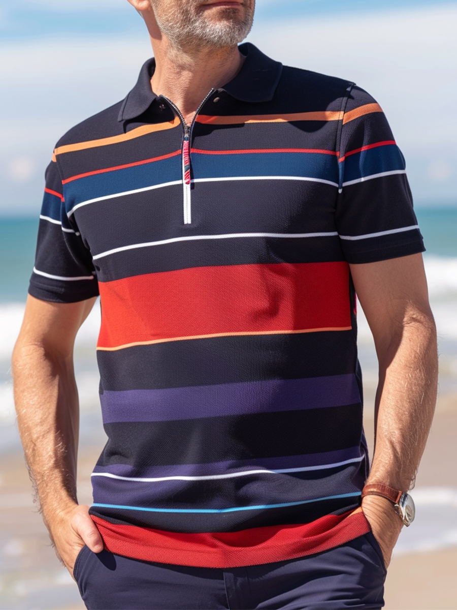 Men's Polo Shirt Navy-Red Stripes Zip Up Polo Shirt