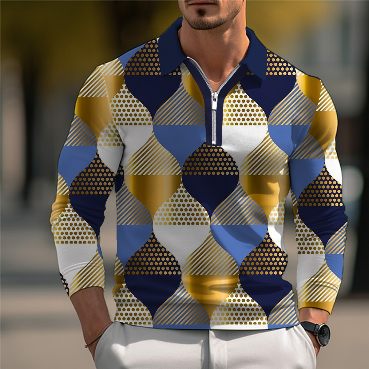 Men's Polo Shirt Art Cone Geometry Printed Long Sleeve Golf Shirt
