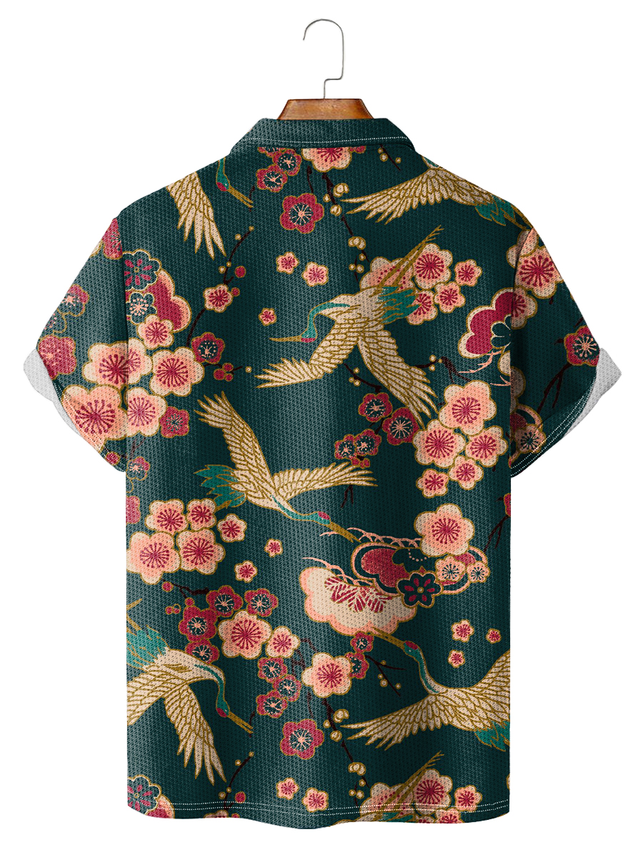 Japanese Style Crane Print Casual Loose Short-Sleeved Polo Shirt