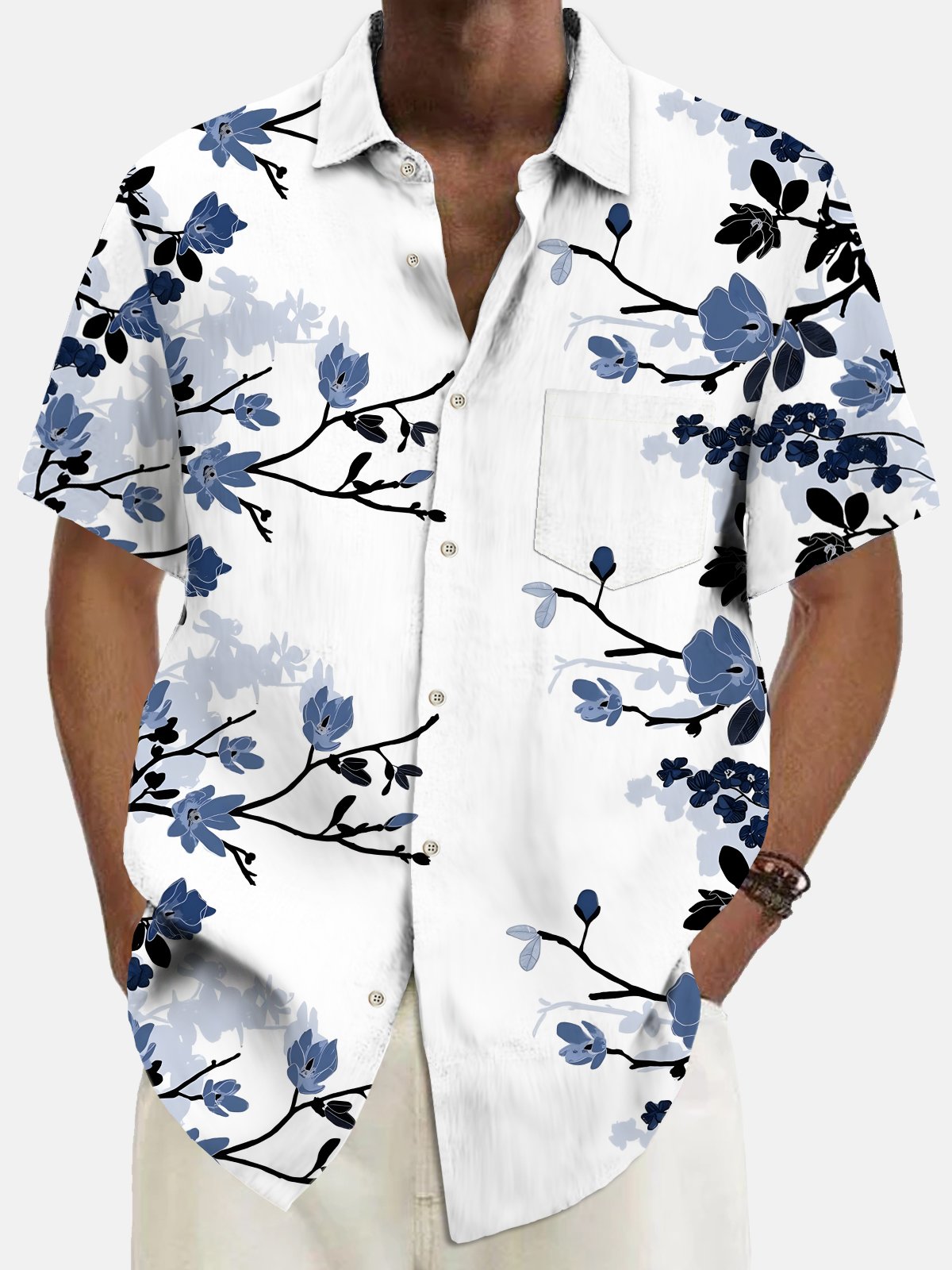 Beach Vacation Men's Hawaiian Shirt Botanical Floral Print Pocket Camping Shirt