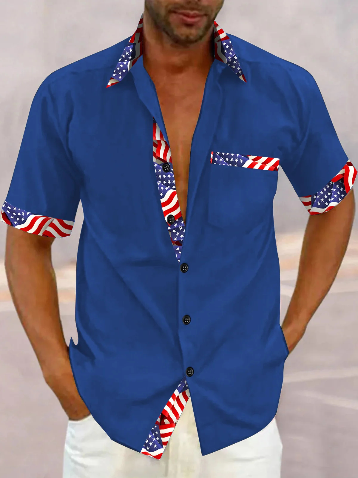 Basic Men's Hawaiian Shirt Flag Print Stretch Pocket Camping Shirt