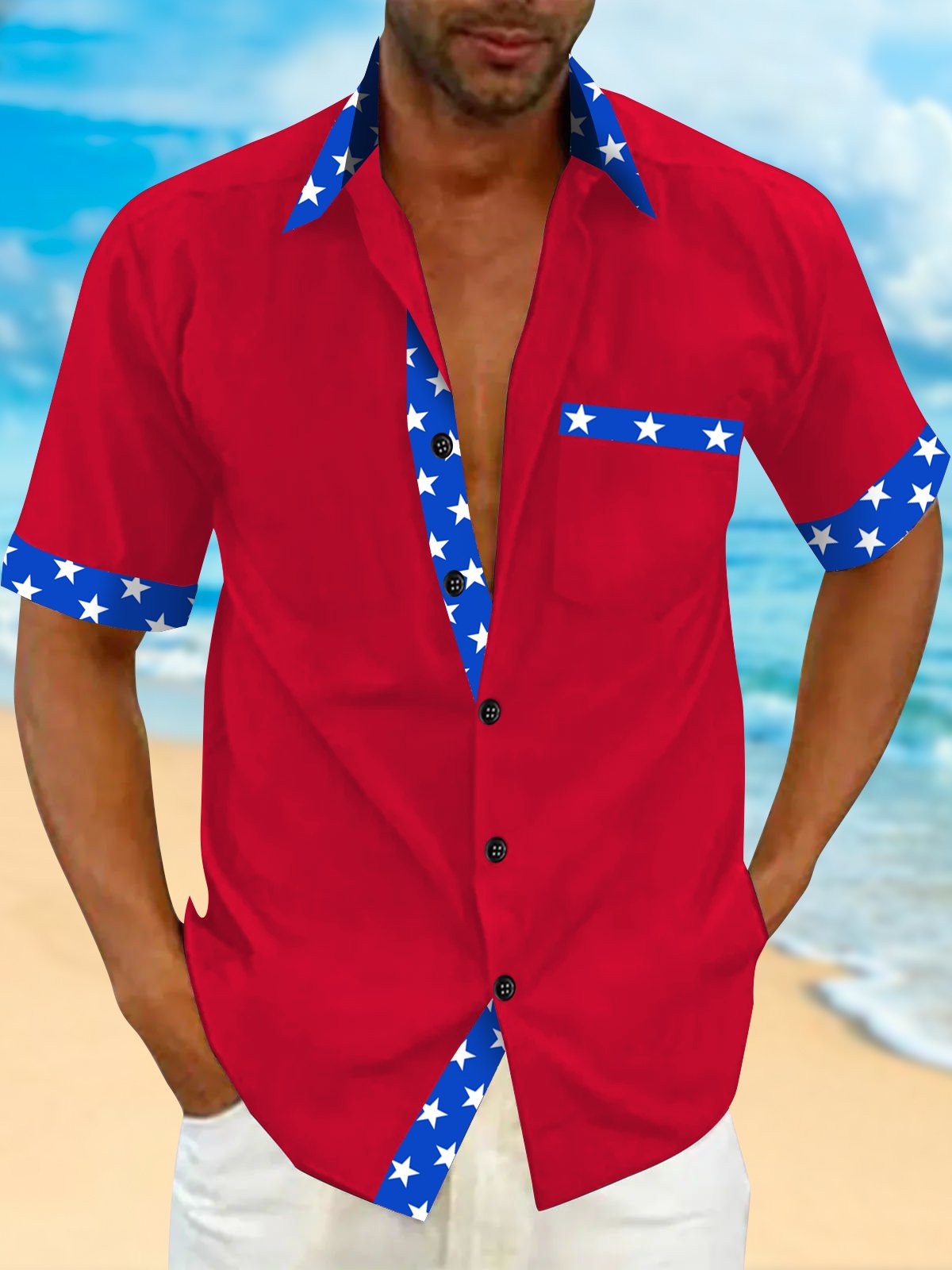 Basic Men's Hawaiian Shirt Star Print Stretch Pocket Camping Shirt