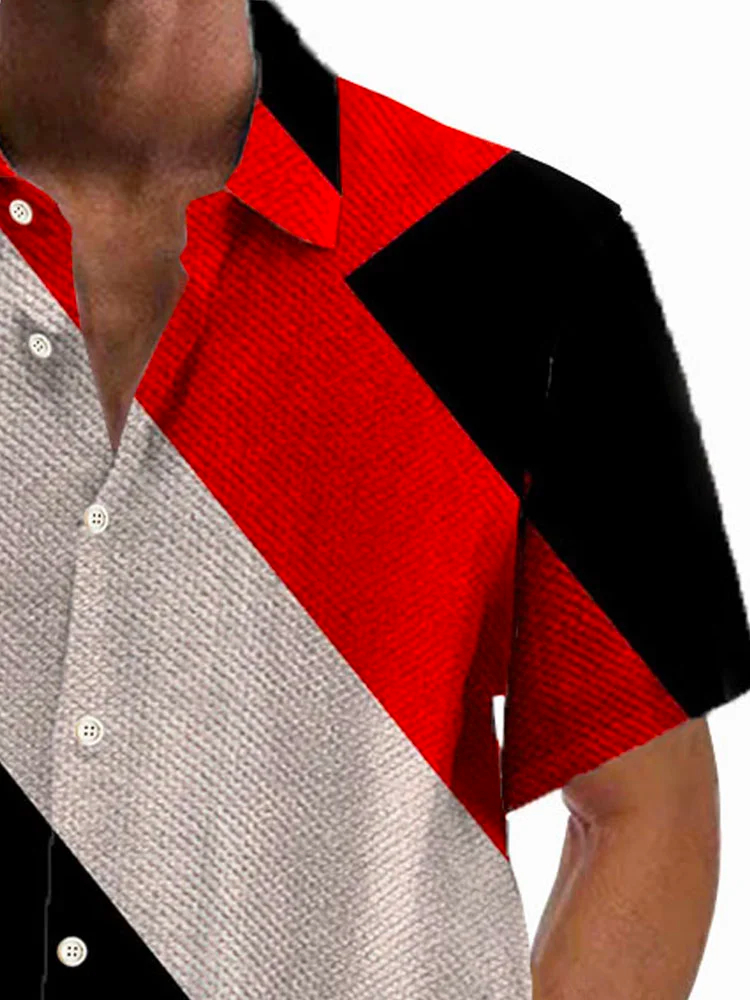 Retro Geometric Color Block Print Men's Button Down Short Sleeve Shirt