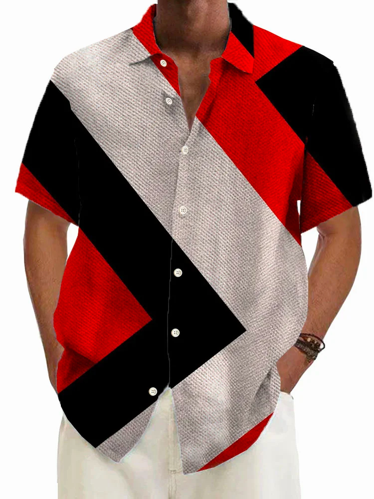 Retro Geometric Color Block Print Men's Button Down Short Sleeve Shirt