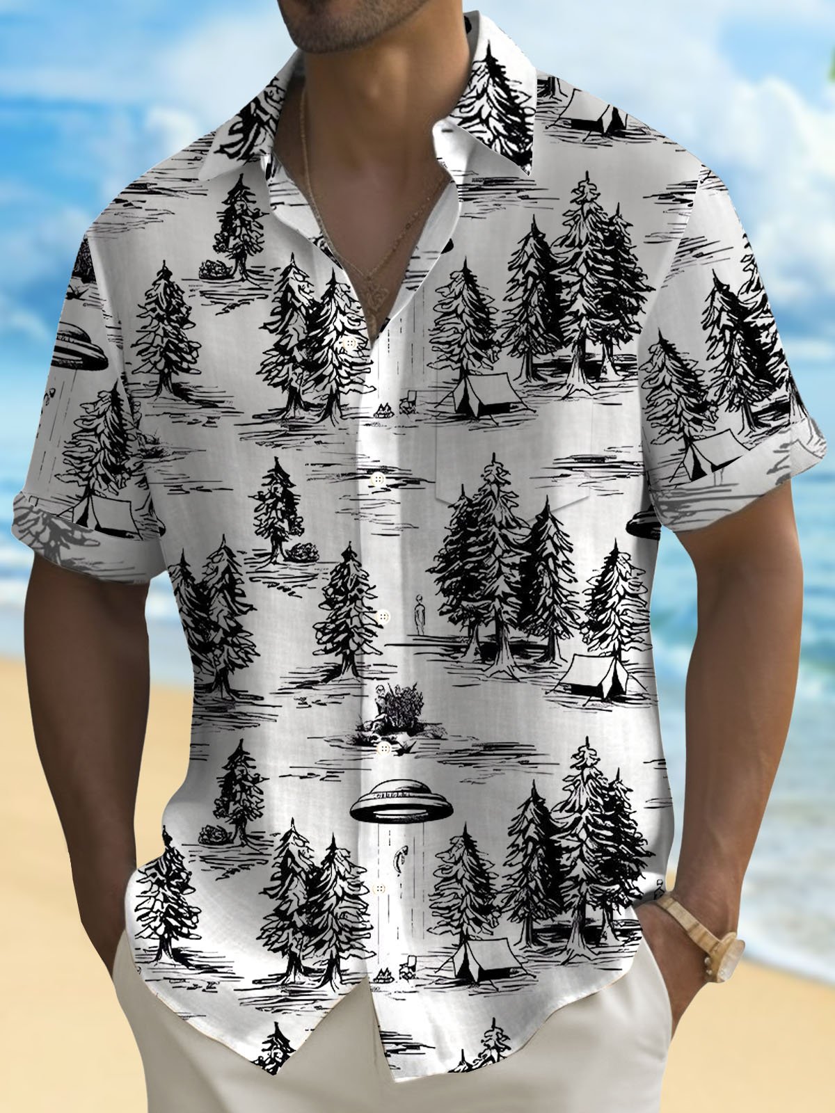Hawaiian Plant Tree Alien UFO Print Men's Button Pocket Short Sleeve Shirt