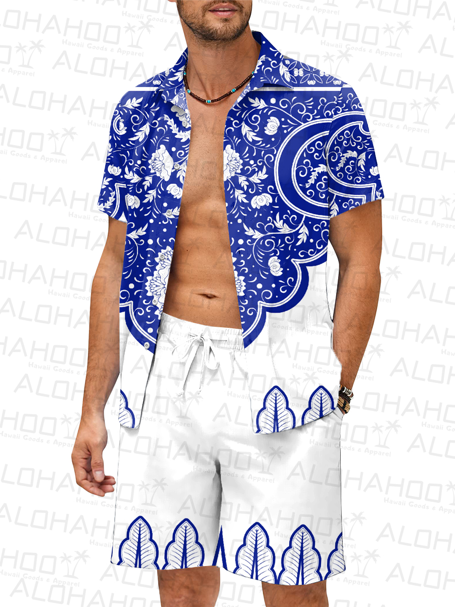 Men's Sets Retro Blue And White Button Down Two-Piece Shirt Shorts Set