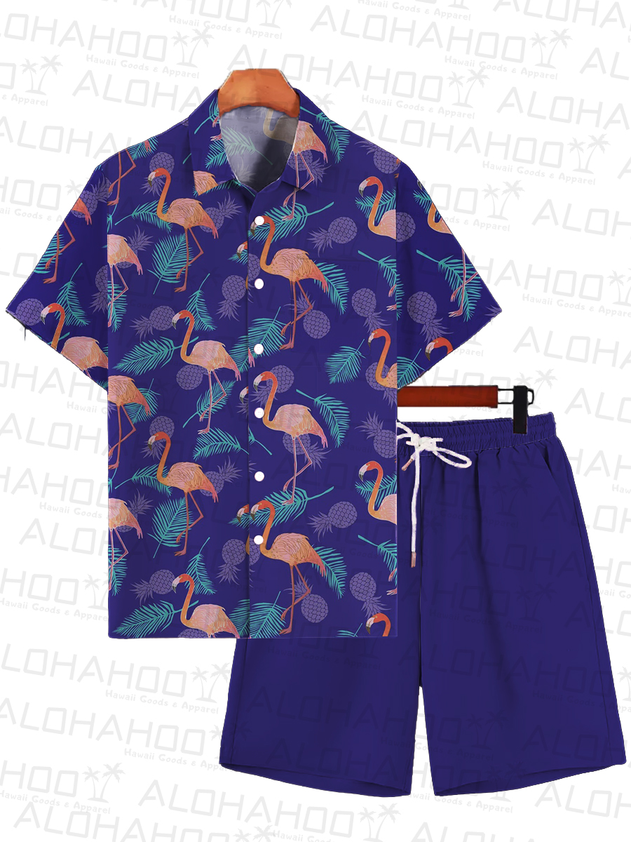 Men's Sets Hawaiian Pineapple And Flamingo Print Button Pocket Two-Piece Shirt Shorts Set