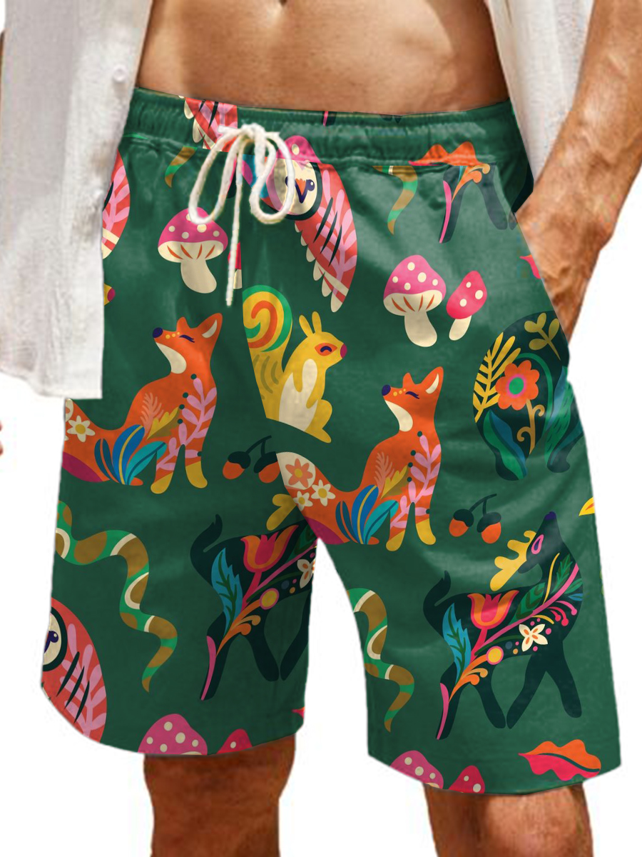 Men's Hawaiian Shorts Fox Print Casual Beach Shorts