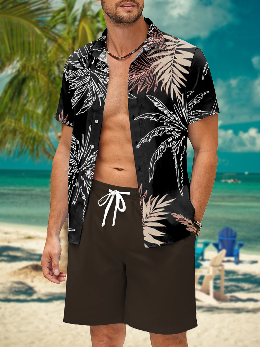 Men's Sets Hawaiian CoConuttree Button Pocket Two-Piece Shirt Shorts Set