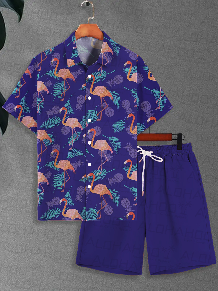 Men's Sets Hawaiian Pineapple And Flamingo Print Button Pocket Two-Piece Shirt Shorts Set