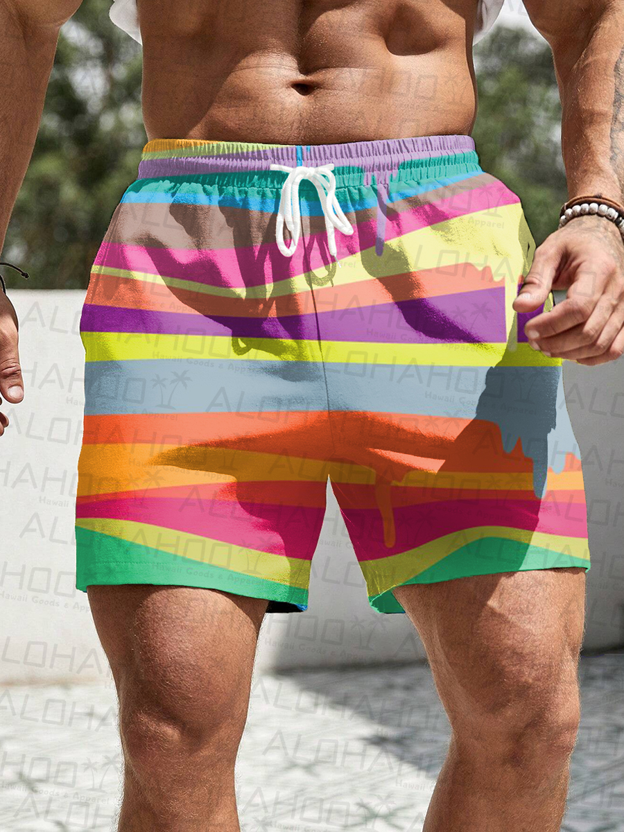 Men's Hawaiian Shorts Rainbow Stripes Print Vacation Beach Shorts