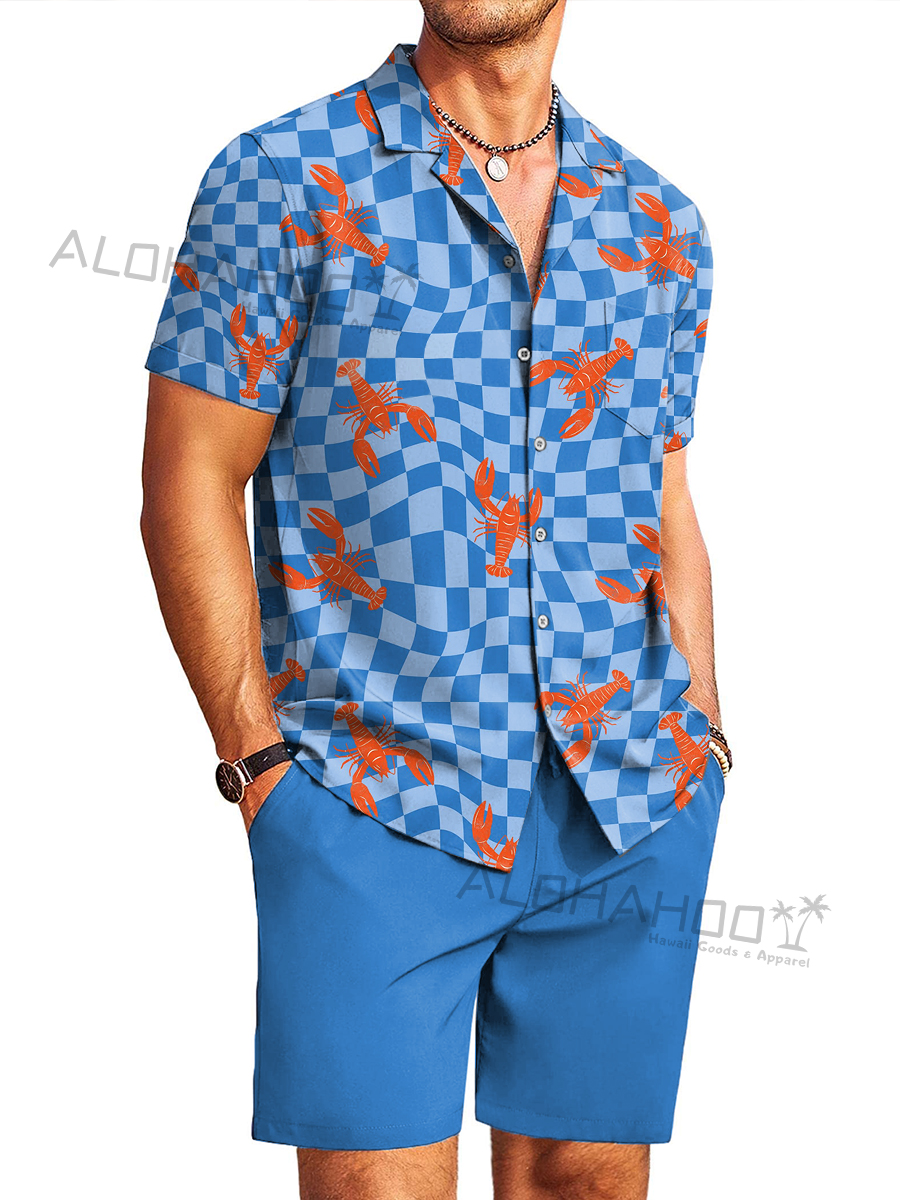 Men's Sets Lobster Print Button Pocket Two-Piece Hawaiian Shirt Shorts Set