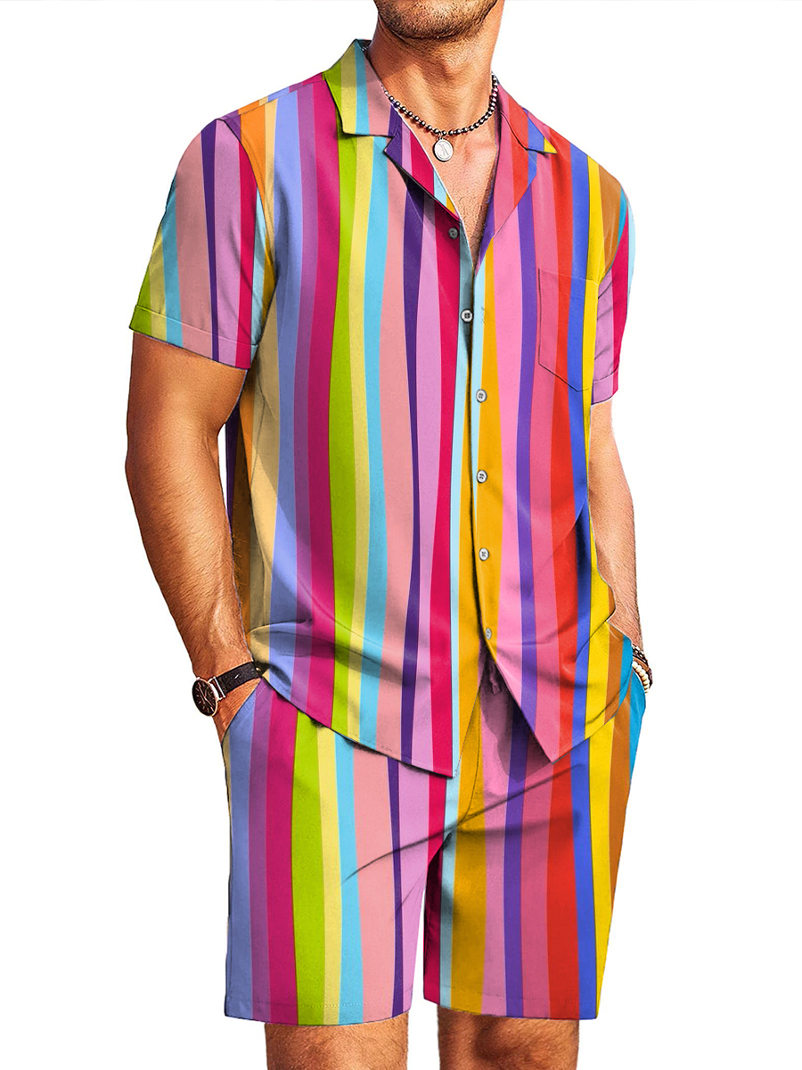 Men's Sets Hawaiian Rainbow Stripes Button Down Two-Piece Shirt Shorts Set
