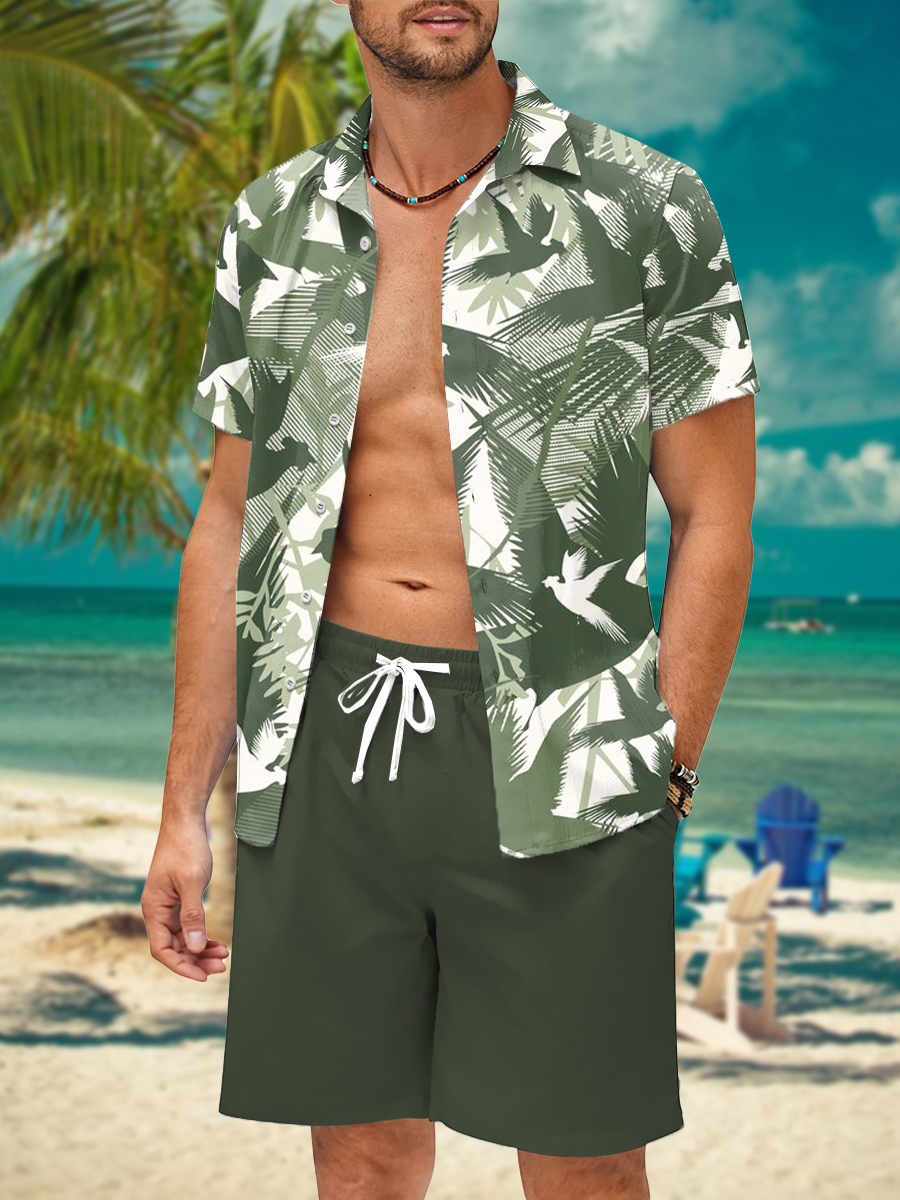 Men's Sets Hawaiian Plant Button Pocket Two-Piece Shirt Shorts Set