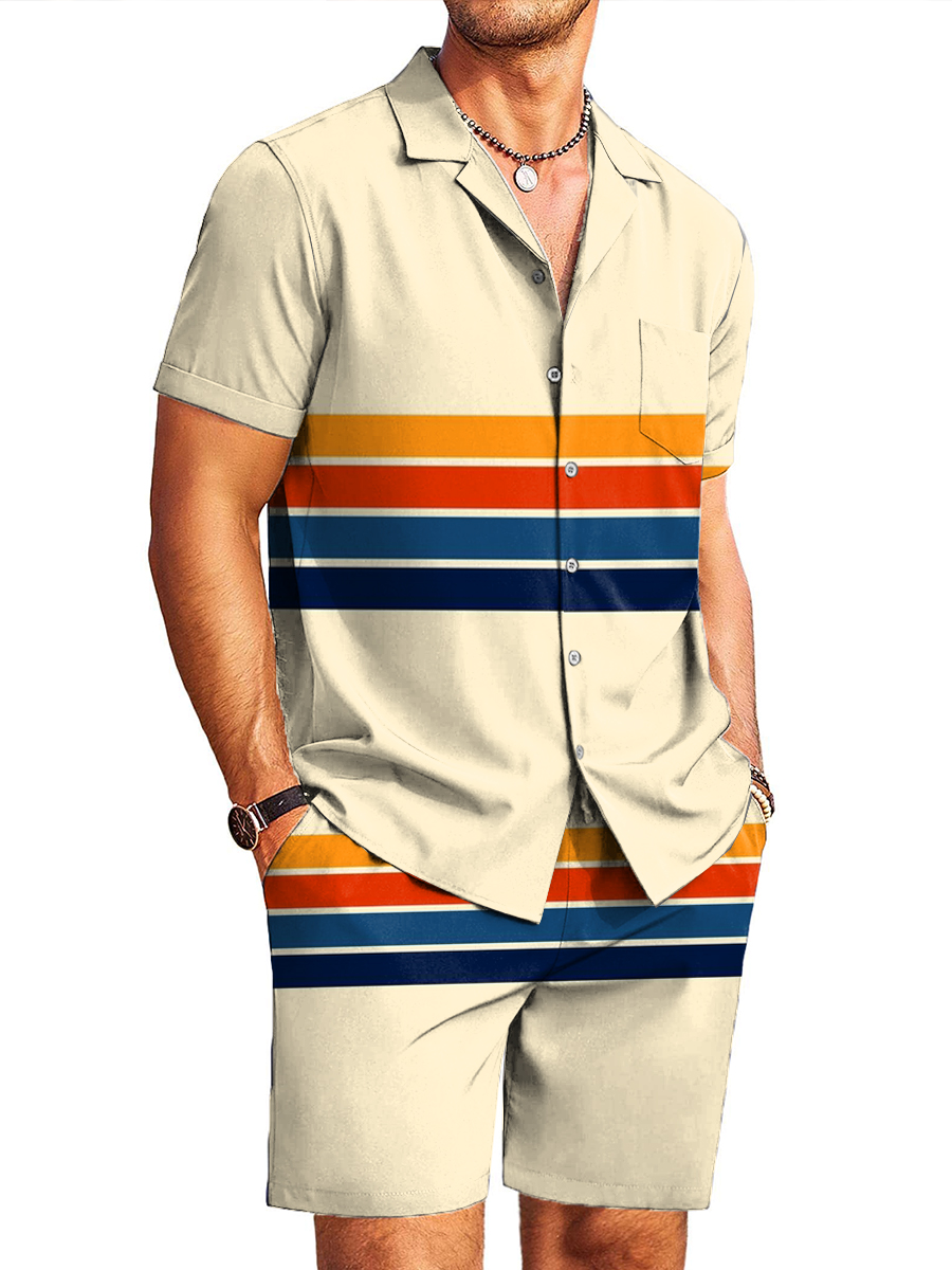 Men's Sets Hawaiian Rainbow Stripe Button Down Two-Piece Shirt Shorts Set