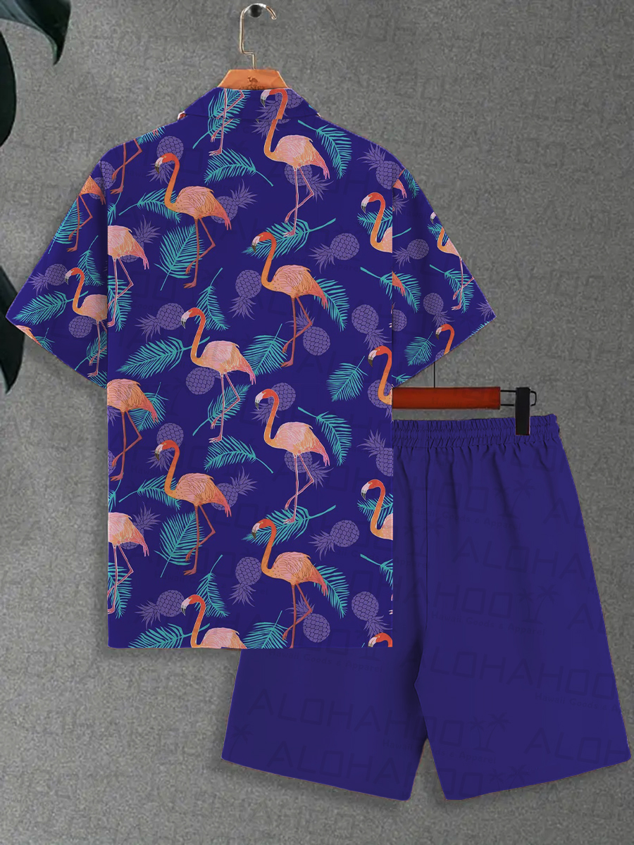 Men's Sets Hawaiian Pineapple And Flamingo Print Button Pocket Two-Piece Shirt Shorts Set