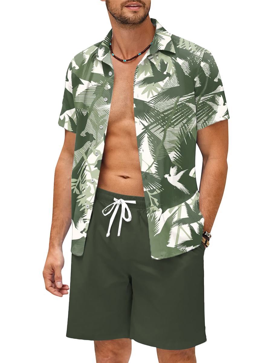 Men's Sets Hawaiian Plant Button Pocket Two-Piece Shirt Shorts Set