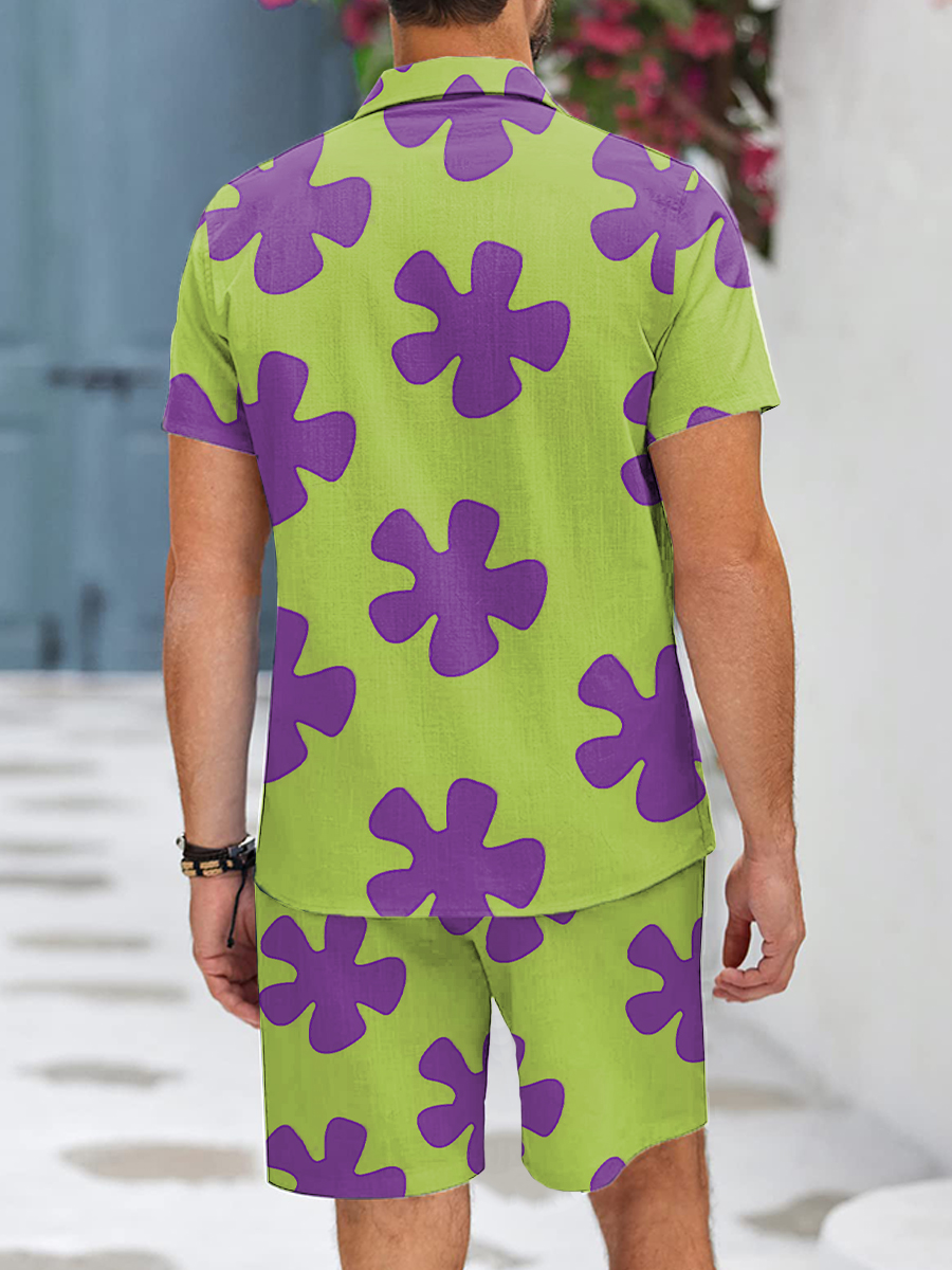 Men's Sets Hawaiian Cartoon Art Print Button Pocket Two-Piece Shirt Shorts Set