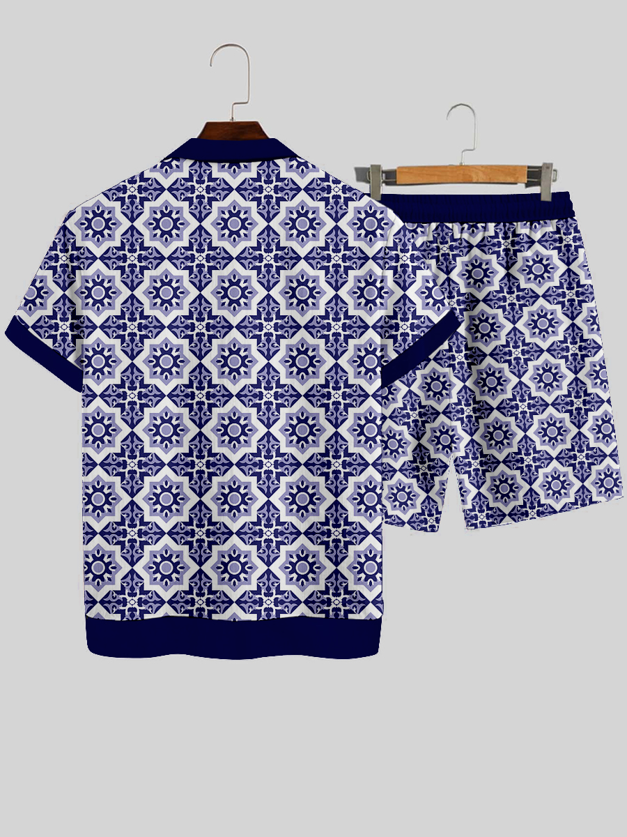 Men's Sets Vintage Pattern Button Down Two-Piece Shirt Shorts Set