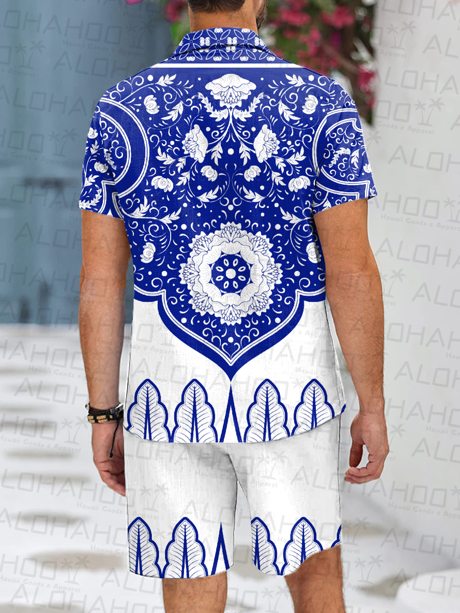 Men's Sets Retro Blue And White Button Down Two-Piece Shirt Shorts Set