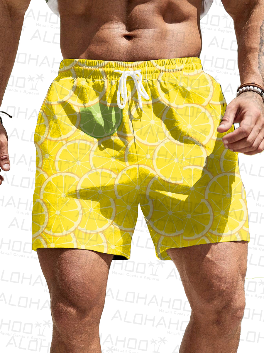 Men's Hawaiian Shorts Lemon Slice Print Casual Beach Shorts