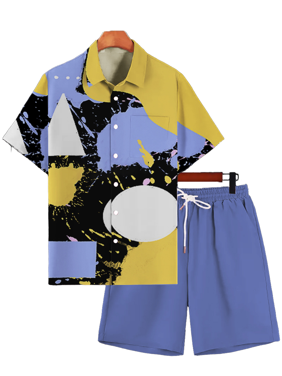 Men's Sets Art Colorblock Button Down Two-Piece Shirt Shorts Set