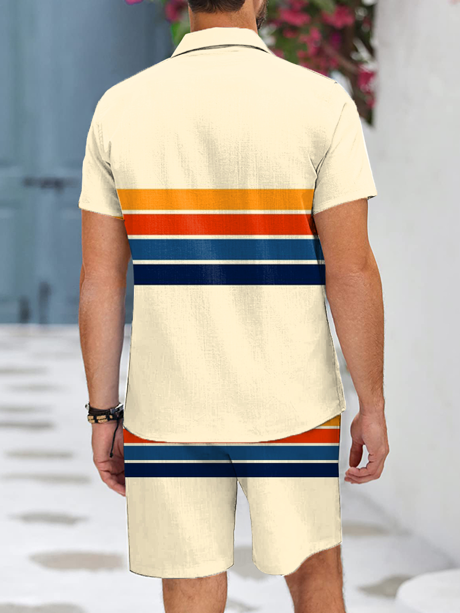 Men's Sets Hawaiian Rainbow Stripe Button Down Two-Piece Shirt Shorts Set