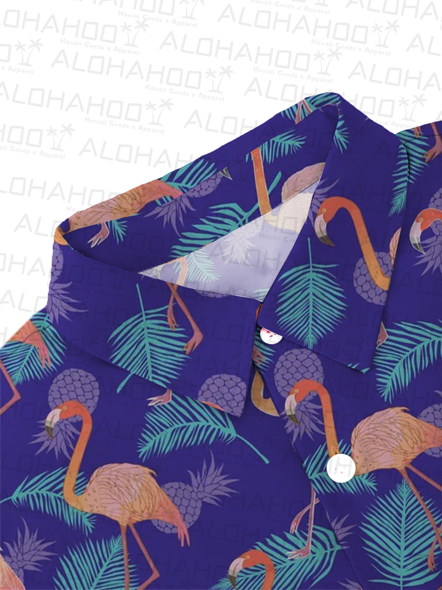 Men's Sets Hawaiian Pineapple And Flamingo Print Button Pocket Two-Piece Shirt Shorts Set