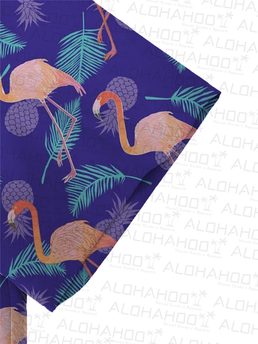 Men's Sets Hawaiian Pineapple And Flamingo Print Button Pocket Two-Piece Shirt Shorts Set