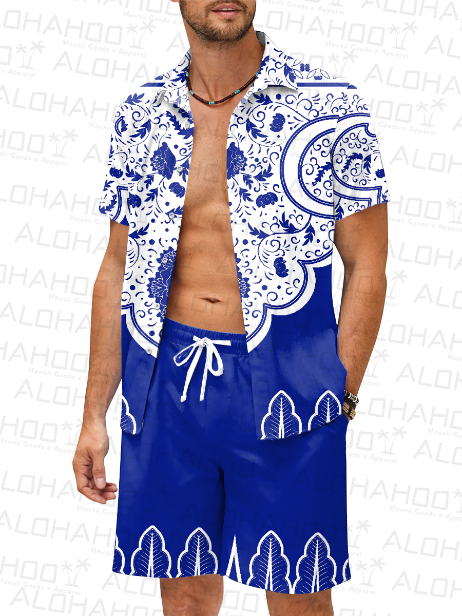Men's Sets Retro White And Blue Button Down Two-Piece Shirt Shorts Set
