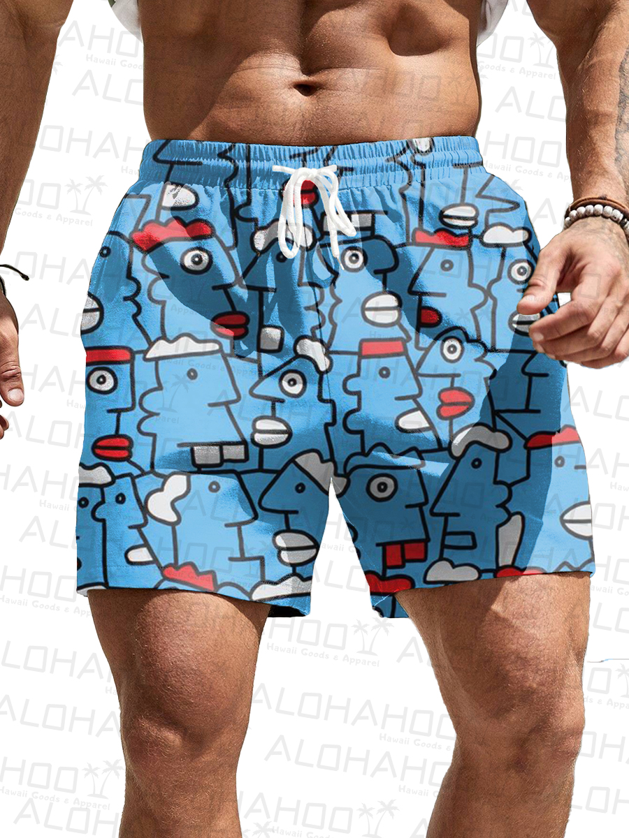 Men's Hawaiian Shorts Funny Expression Print Casual Beach Shorts