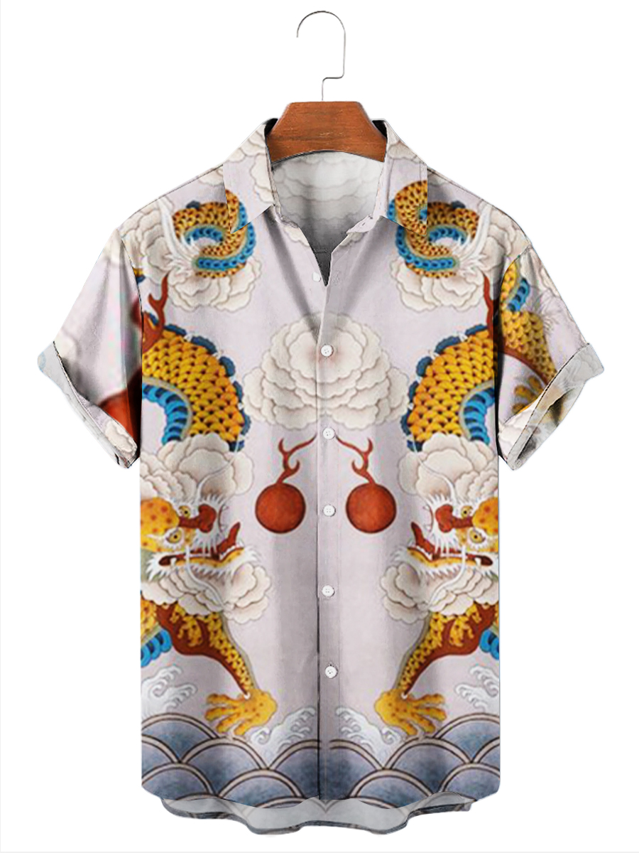 Men's Hawaiian Shirt Two Dragons Playing With Pearls Button Down Shirt