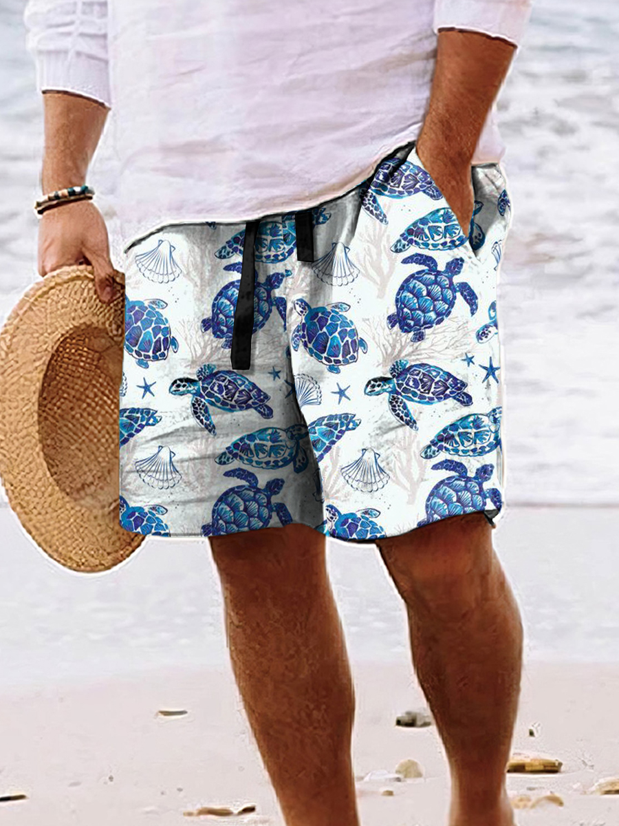 Men's Hawaiian Shorts Sea Turtle Print Casual Beach Shorts