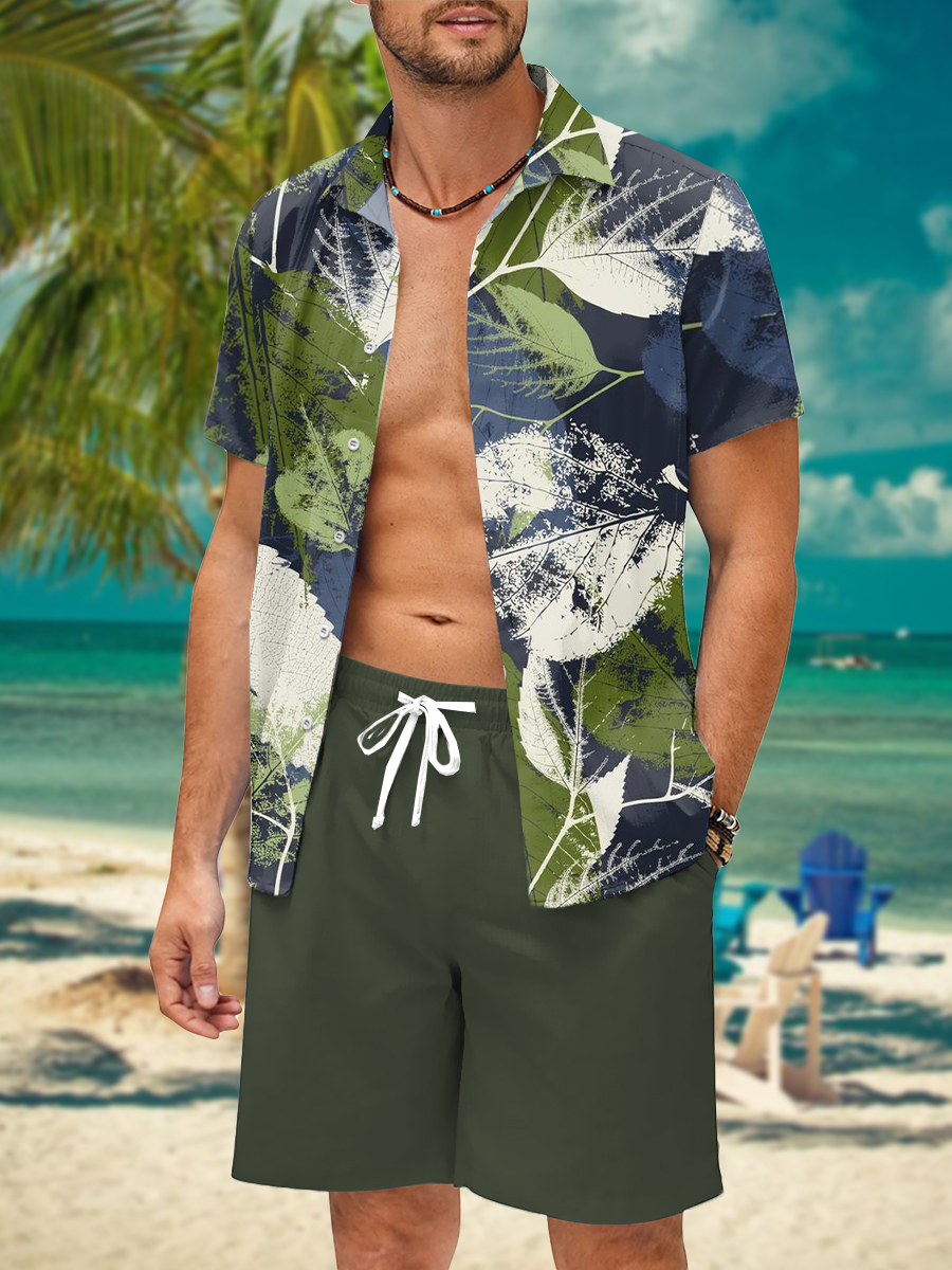 Men's Sets Hawaiian Leaves Pattern Button Pocket Two-Piece Shirt Shorts Set