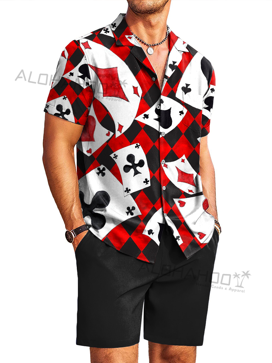 Men's Sets Poker Print Button Pocket Two-Piece Hawaiian Shirt Shorts Set