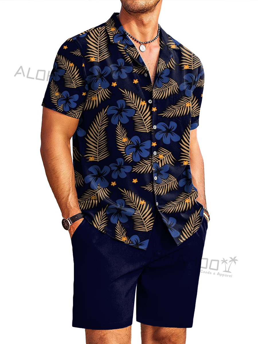 Men's Sets Hawaii Plant Pattern Button Down Pocket Two-Piece Shirt Shorts Set