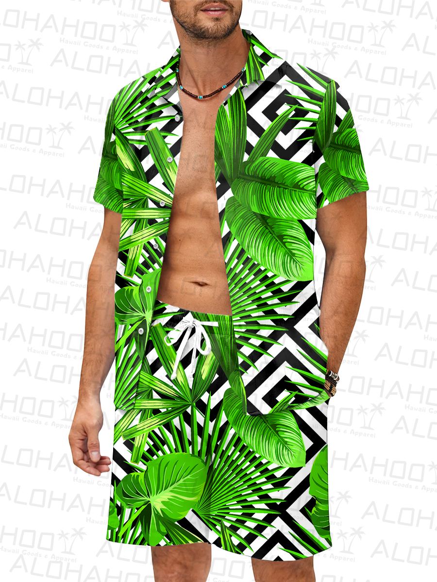 Men's Sets Tropical Leaves Stripes Art Button Down Two-Piece Shirt Shorts Set