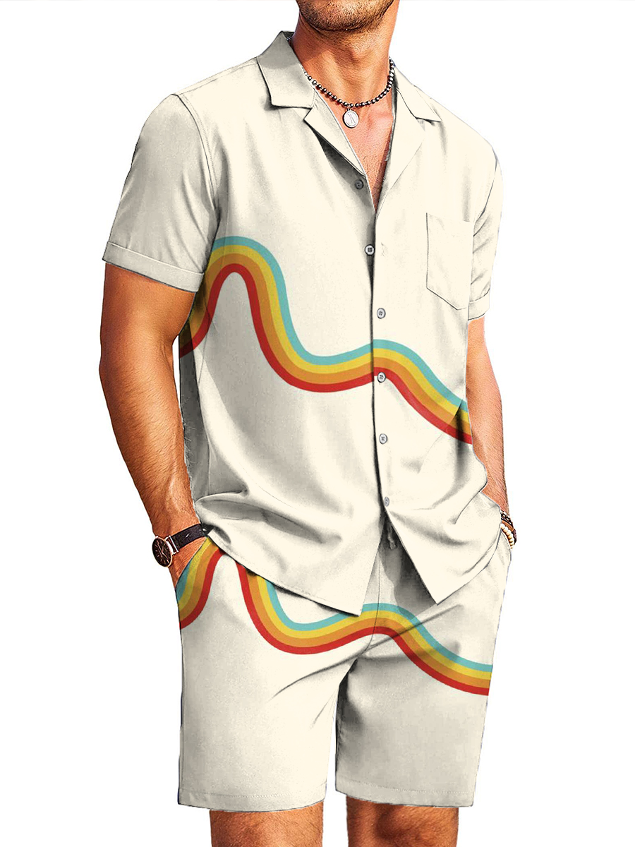 Men's Sets Hawaiian Rainbow Curve Button Down Two-Piece Shirt Shorts Set